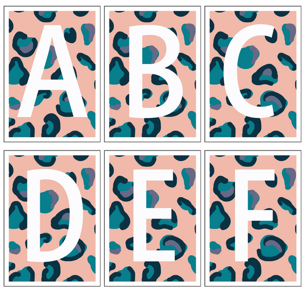 Leopard Print Monogram Letter Art Print - Peach, Teal & Blue - A4 Size