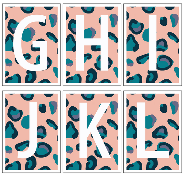 Leopard Print Monogram Letter Art Print - Peach, Teal & Blue - A3 Size