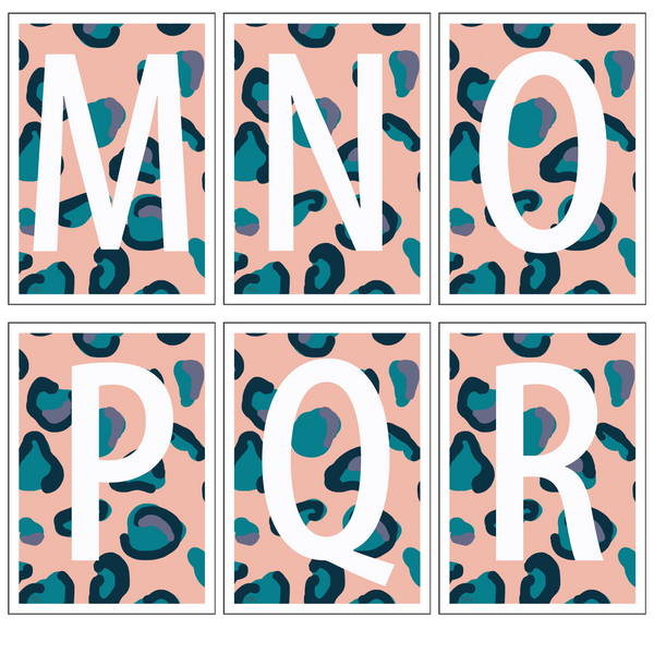 Leopard Print Monogram Letter Art Print - Peach, Teal & Blue - A4 Size