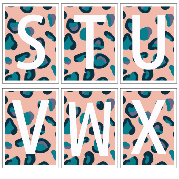 Leopard Print Monogram Letter Art Print - Peach, Teal & Blue - A3 Size