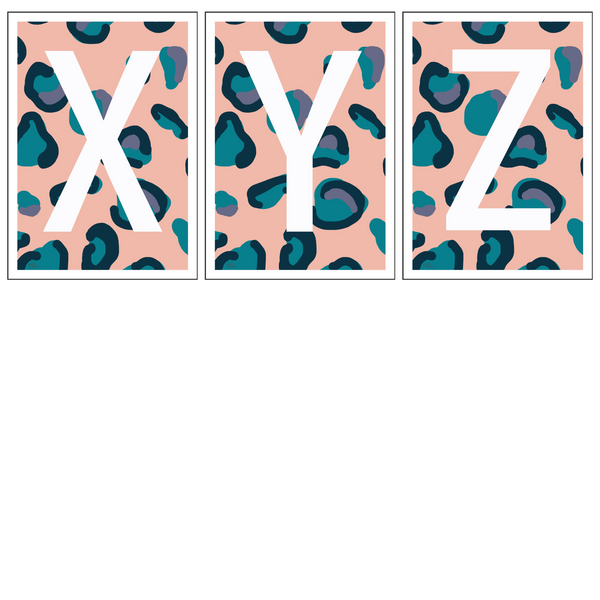 Leopard Print Monogram Letter Art Print - Peach, Teal & Blue - A4 Size