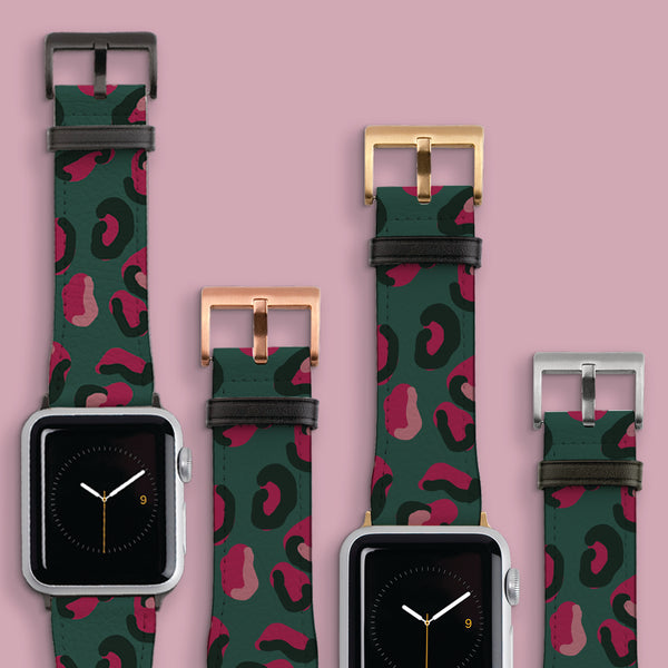 Green & Raspberry Pink Leopard Print Apple Watch Strap