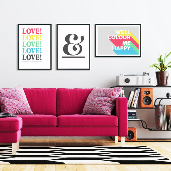 Gallery Wall Set of 3 Art Prints - Edit 3 - LOVE!, ampersand (grey) & Colour Me Happy (rainbow)