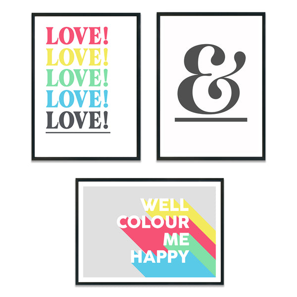 Gallery Wall Set of 3 Art Prints - Edit 3 - LOVE!, ampersand (grey) & Colour Me Happy (rainbow)