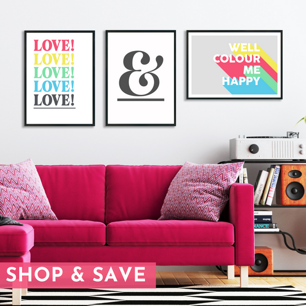 Gallery Wall Set of 3 Art Prints - Edit 3 - LOVE!, ampersand (grey) & Colour Me Happy (rainbow)