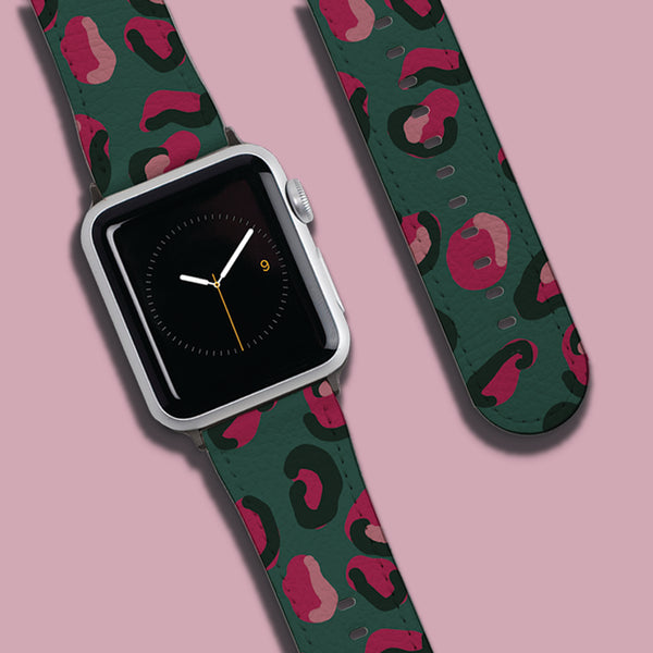 Green & Raspberry Pink Leopard Print Apple Watch Strap
