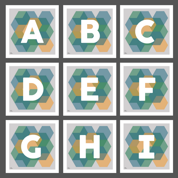 Geometric Monogram Letter Art Print - Greens, Blues & Yellows (210mm2)