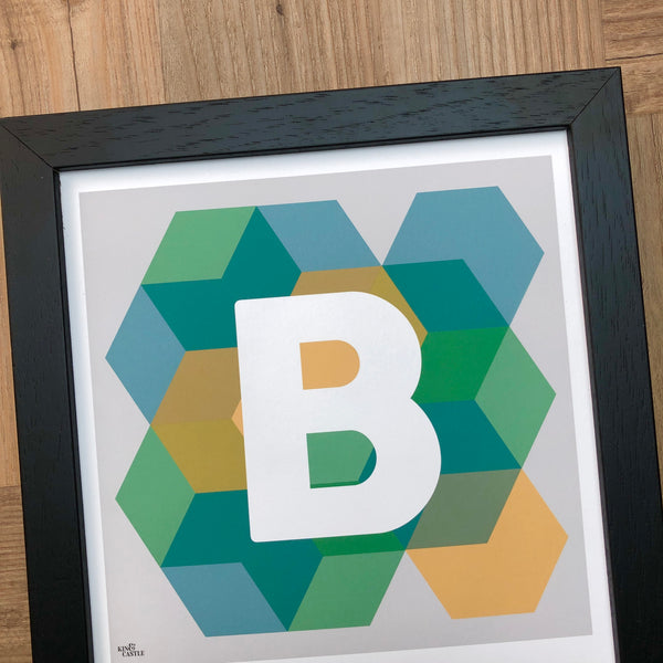 Geometric Monogram Letter Art Print - Greens, Blues & Yellows (210mm2)