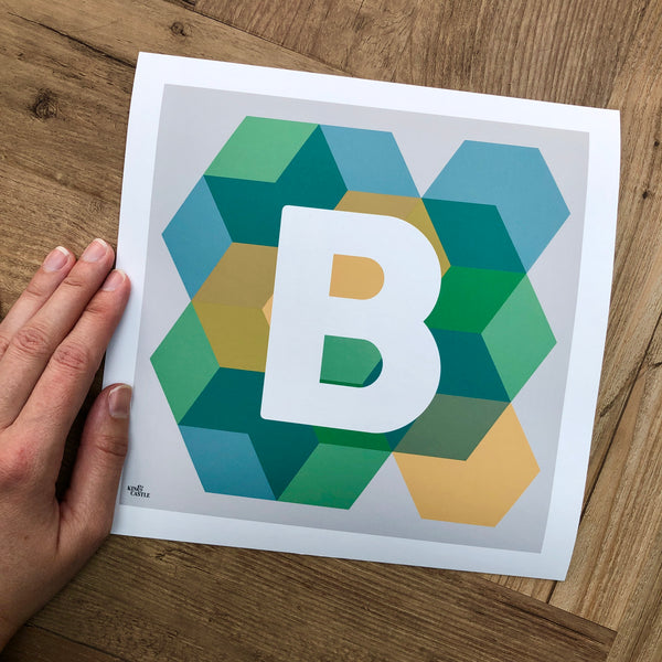 Geometric Monogram Letter Art Print - Greens, Blues & Yellows (210mm2)