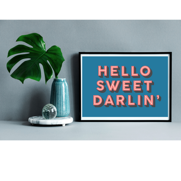 Hello Sweet Darlin' (coral & peacock blue) Art Print