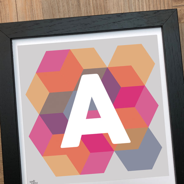 Geometric Monogram Letter Art Print - Pinks, Yellows and blues (210mm2)