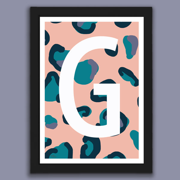 Leopard Print Monogram Letter Art Print - Peach, Teal & Blue - A4 Size