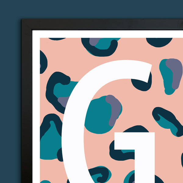 Leopard Print Monogram Letter Art Print - Peach, Teal & Blue - A4 Size