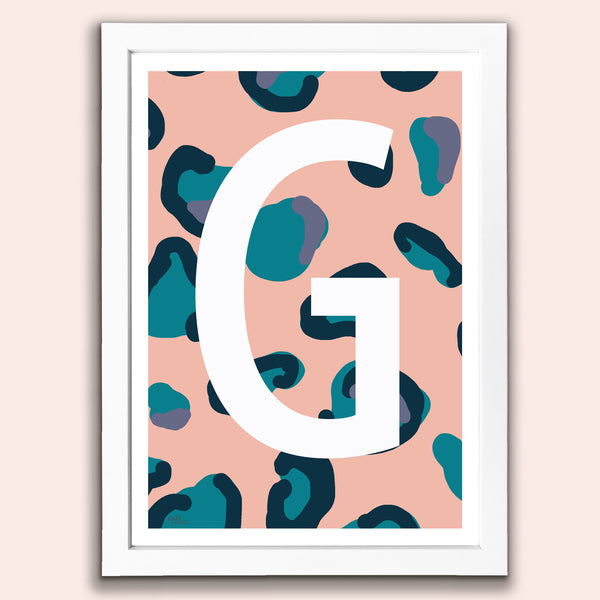 Leopard Print Monogram Letter Art Print - Peach, Teal & Blue - A3 Size