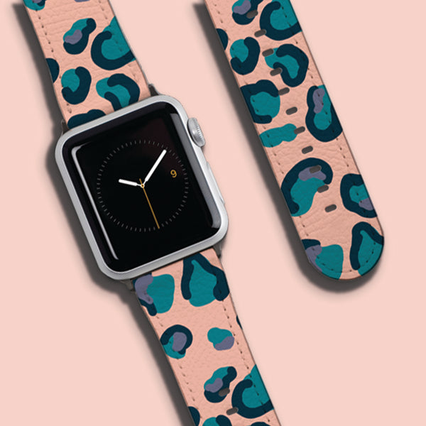 Peach, Teal & Blue Leopard Print Apple Watch Strap