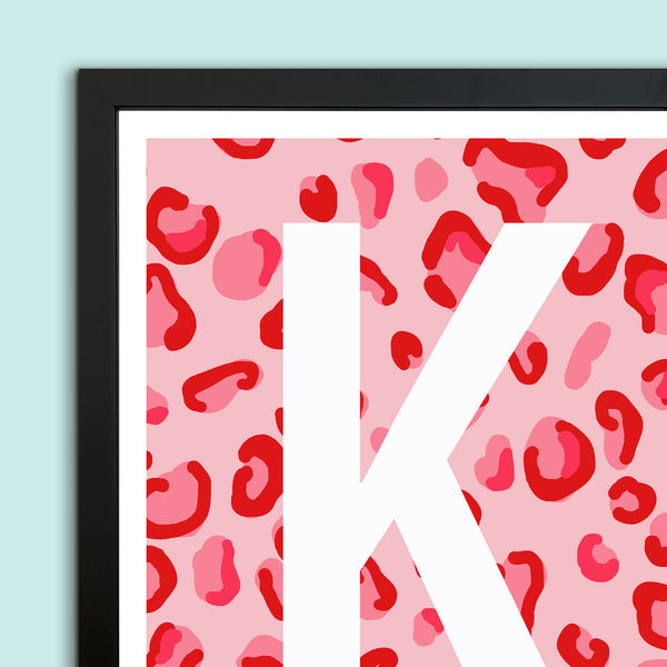 Leopard Print Monogram Letter Art Print - Red & Pinks - A3 Size