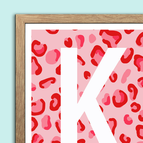 Leopard Print Monogram Letter Art Print - Red & Pinks - A3 Size