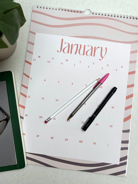 2026 Boho calendar, stripes, checks, abstract patterns, earth tones