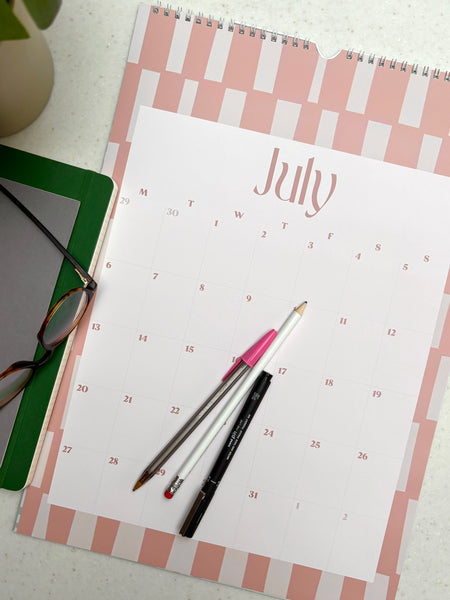 2026 Boho calendar, stripes, checks, abstract patterns, earth tones