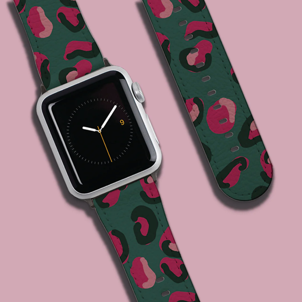 Green & Raspberry Pink Leopard Print Apple Watch Strap - large, black buckle