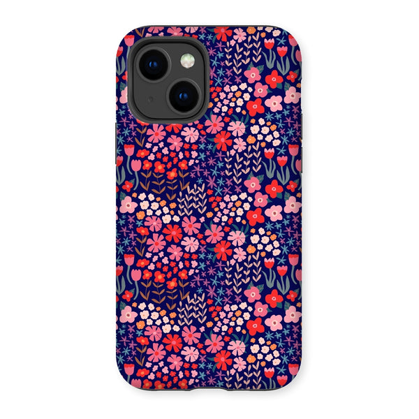 Pink & Red Floral on Blue Tough Phone Case