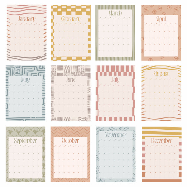 2026 Boho calendar, stripes, checks, abstract patterns, earth tones