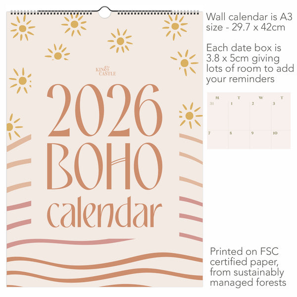 2026 Boho calendar, stripes, checks, abstract patterns, earth tones