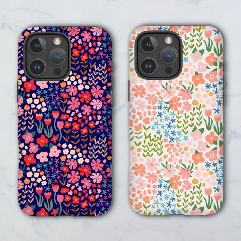 Pink & Red Floral on Blue Tough Phone Case