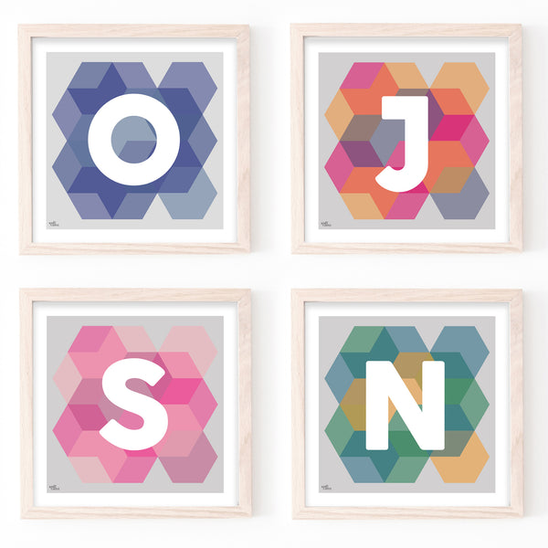 Geometric Monogram Letter Art Print - Pinks, Yellows and blues (210mm2)