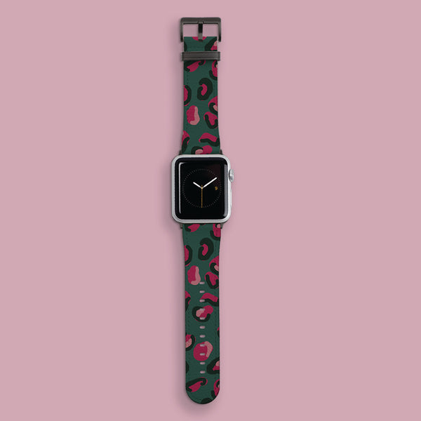 Green & Raspberry Pink Leopard Print Apple Watch Strap