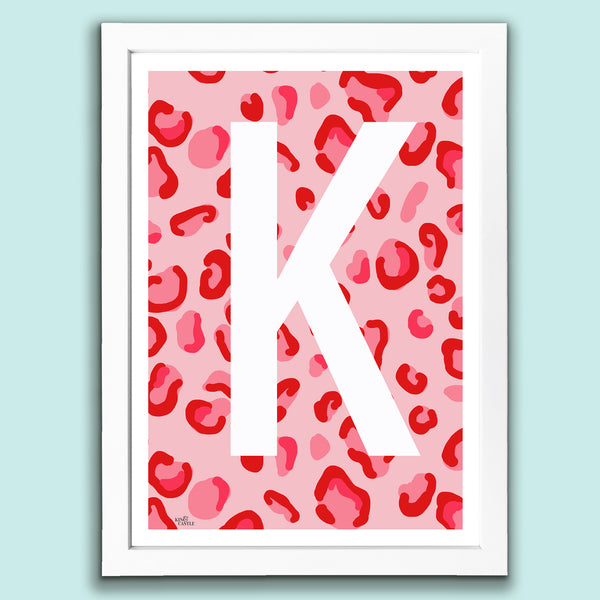 Leopard Print Monogram Letter Art Print - Red & Pinks - A4 Size