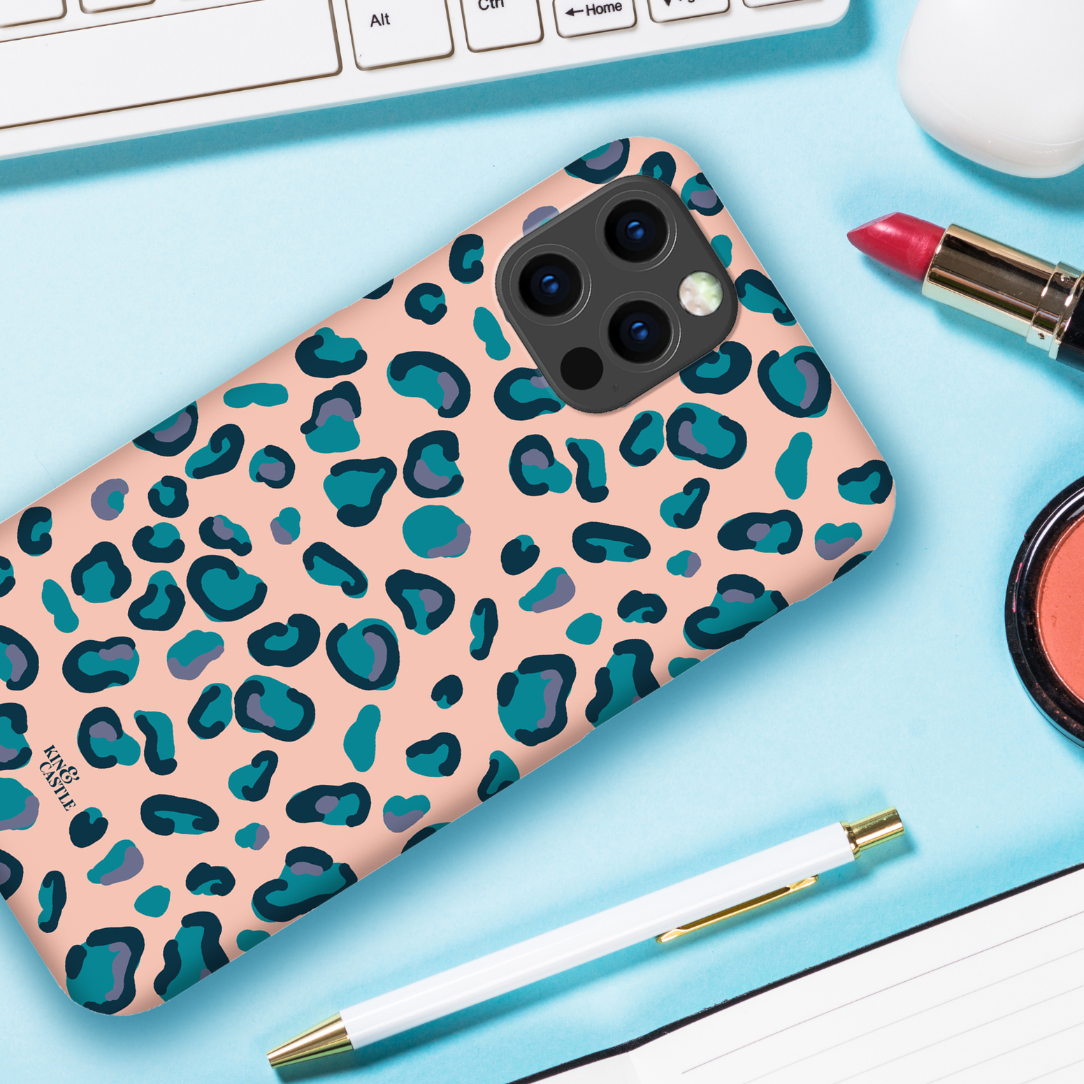 Peach, Teal & Blue Leopard Print Tough Phone Case iPhone 13