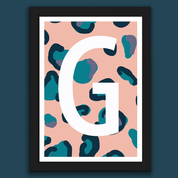 Leopard Print Monogram Letter Art Print - Peach, Teal & Blue - A3 Size