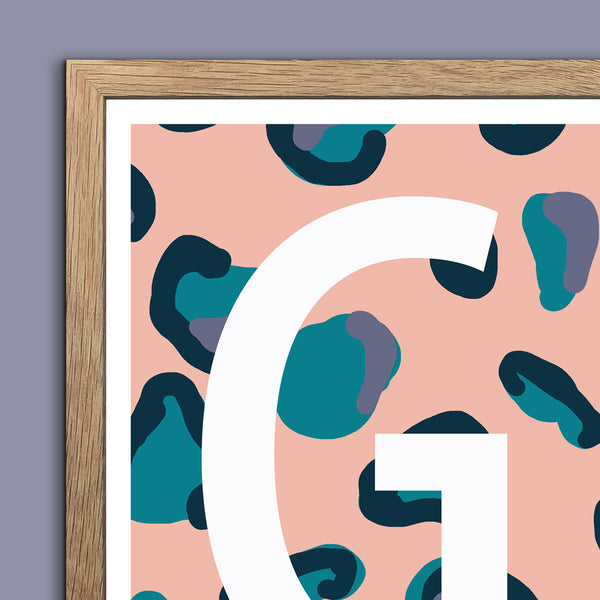 Leopard Print Monogram Letter Art Print - Peach, Teal & Blue - A3 Size