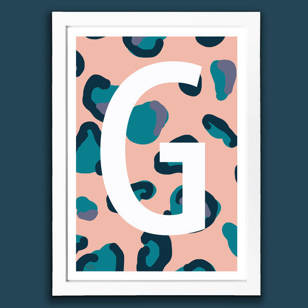 Leopard Print Monogram Letter Art Print - Peach, Teal & Blue - A4 Size