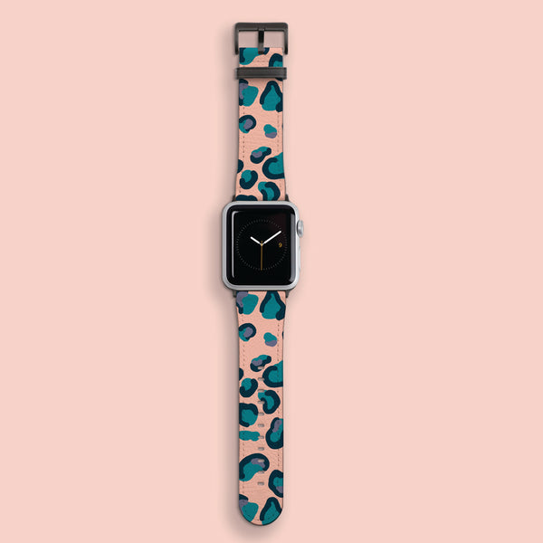 Peach, Teal & Blue Leopard Print Apple Watch Strap