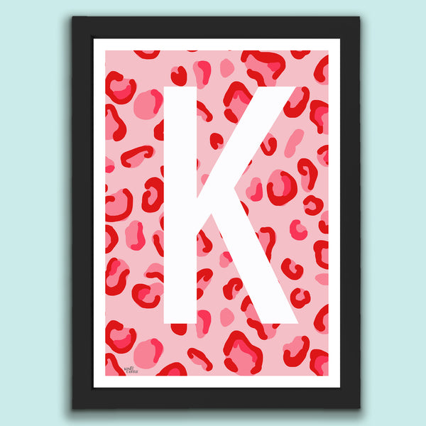 Leopard Print Monogram Letter Art Print - Red & Pinks - A4 Size