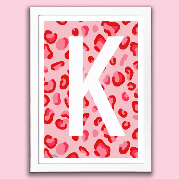 Leopard Print Monogram Letter Art Print - Red & Pinks - A3 Size